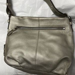 Coach handbag, silver/gray hobo style w/shoulder strap, 11.5 x 14 inches.